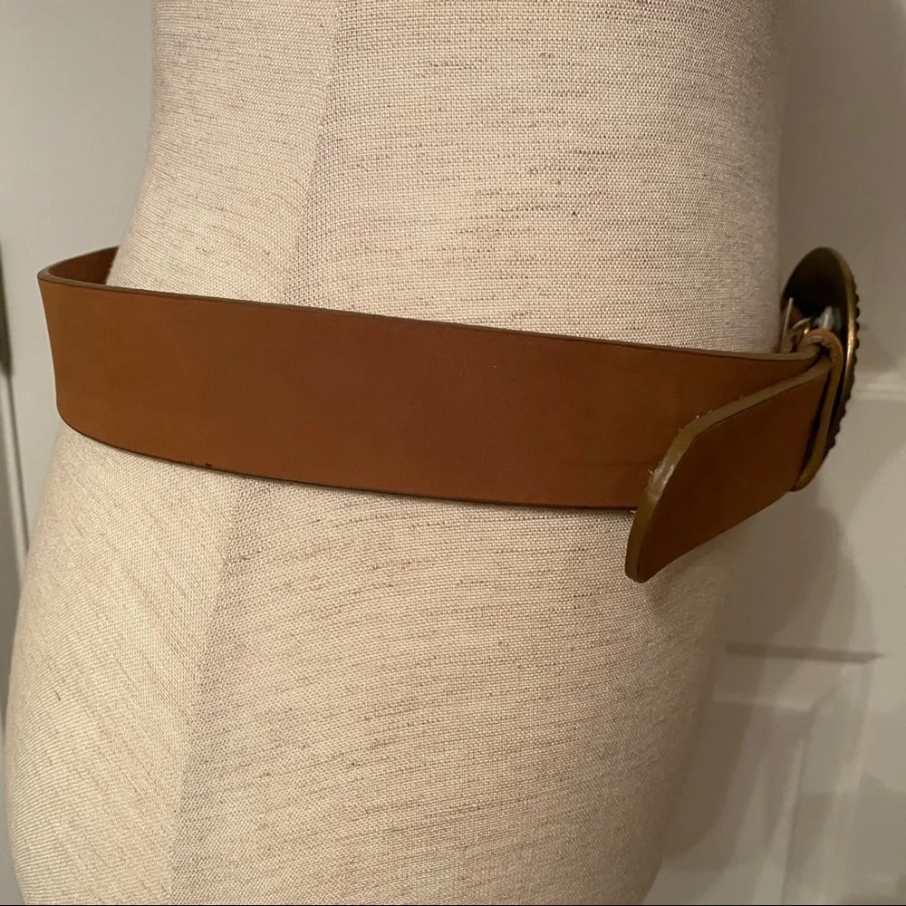 OLGA SANTINI BELT NEW BROWN LEATHER FIRE CIRCLE BUCKLE ADJUSTABLE NWT SIZE L
